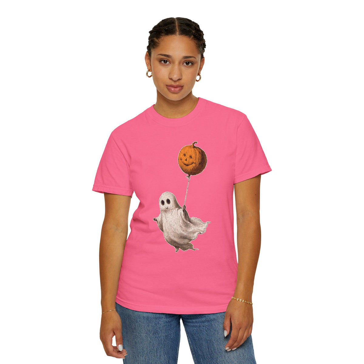 Cute Ghost Halloween Shirt, Pumpkin Balloon Graphic Tee, Vintage Spooky Season Gift for Women, Cozy October Fall Outfit for Ghost Lovers