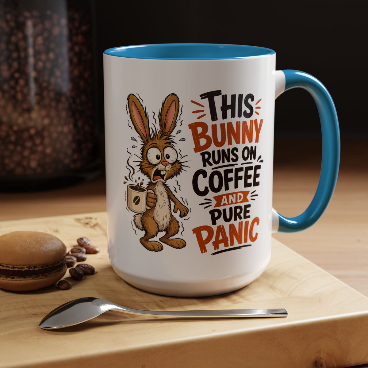 This Bunny Runs on Coffee and Pure Panic Coffee Mug, Funny Rabbit Lover Gift for Friends, Cute Sarcastic Ceramic Tea Cup with Black Handle