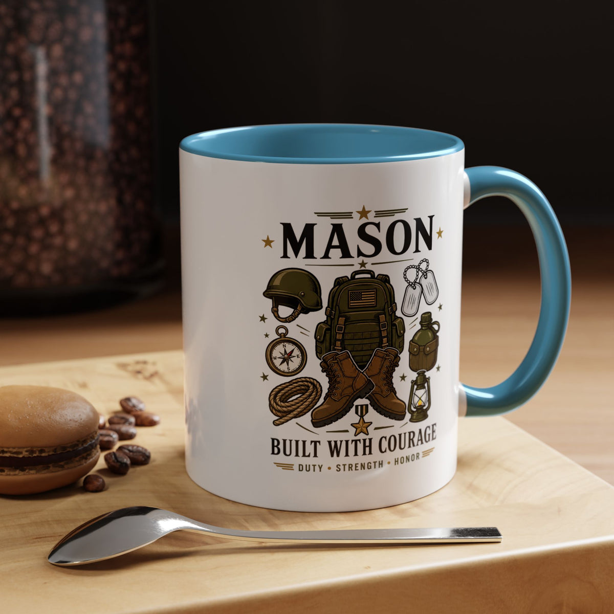 Personalized Army Soldier Mug, Built with Courage Coffee Cup, Custom Name Military Gift for Him, Veteran, Recruit or Service Member