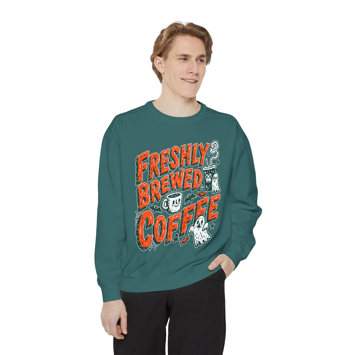 Coffee Lover Halloween Sweatshirt, Freshly Brewed Coffee Ghost Pullover, Cute Spooky Season Gift for Barista and Caffeine Fan, Gift for Her