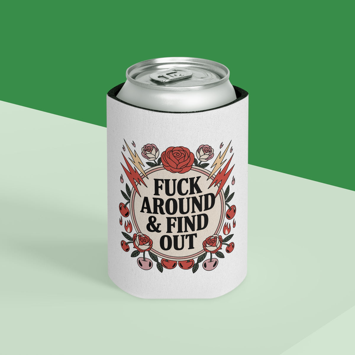 FAFO Can Cooler, Retro Tattoo Roses and Lightning Drink Sleeve, Sarcastic Gift for Friends, Funny Beer Can Holder