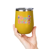 Happy Birthday Wine Tumbler, Pastel Balloons and Cupcake Design, Colorful Drinkware Gift for a Best Friend, Sister or Coworker Celebration