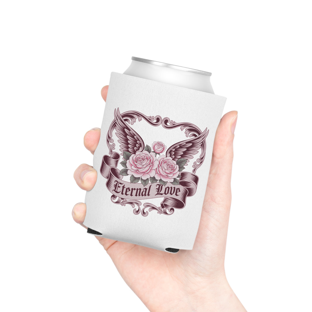 Gothic Rose Can Cooler, Eternal Love Drink Sleeve, Dark Romantic Gift, Vintage Winged Rose Design, Anniversary Gift for Couples
