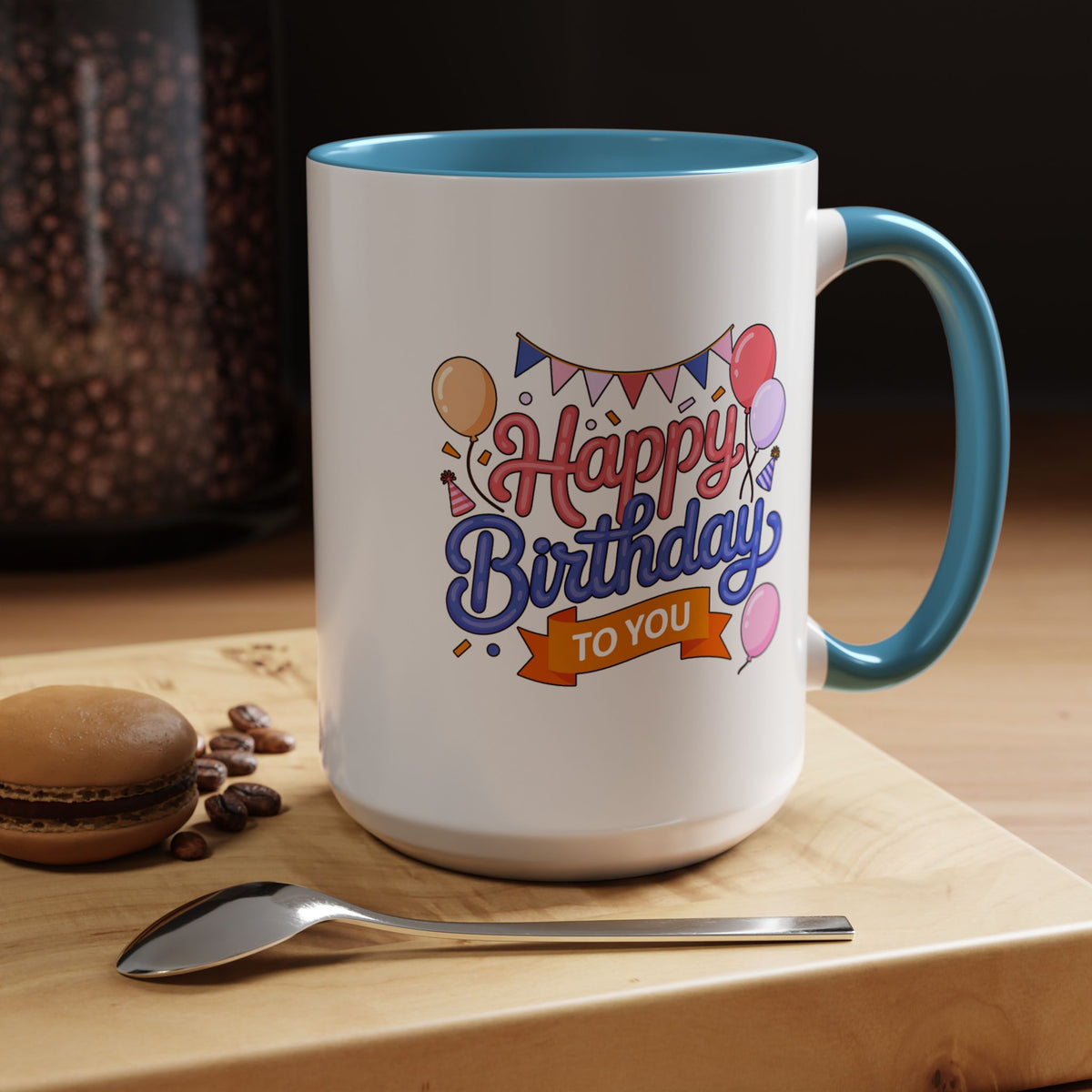 Happy Birthday to You Coffee Mug, Pink and Blue Balloons with Party Bunting, Cheerful Gift for a Sister or Best Friend's Daily Coffee Break