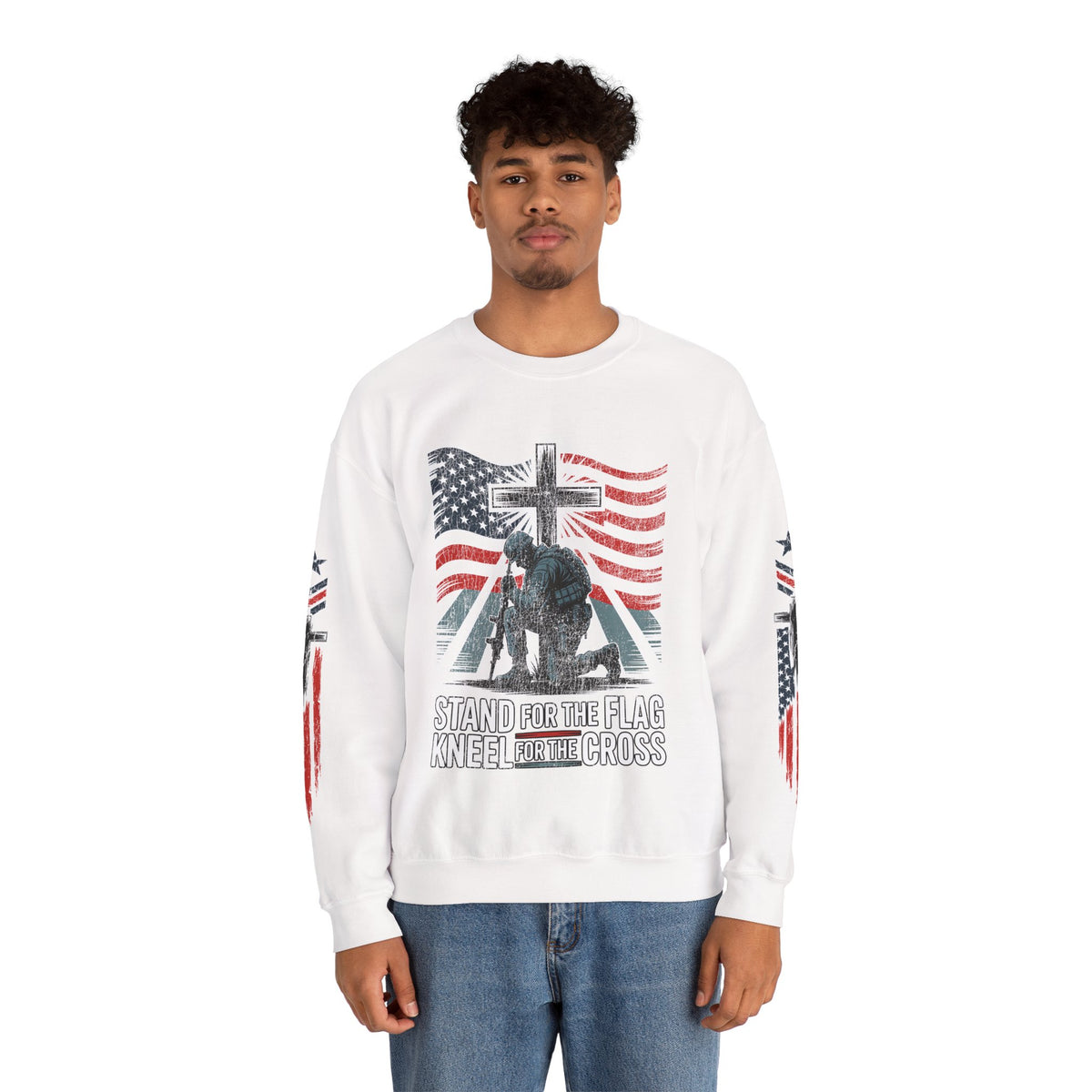 Stand for the Flag Kneel for the Cross Sweatshirt, Patriotic Christian Crewneck, American Flag Pullover, Faith Gift, Fourth of July Top