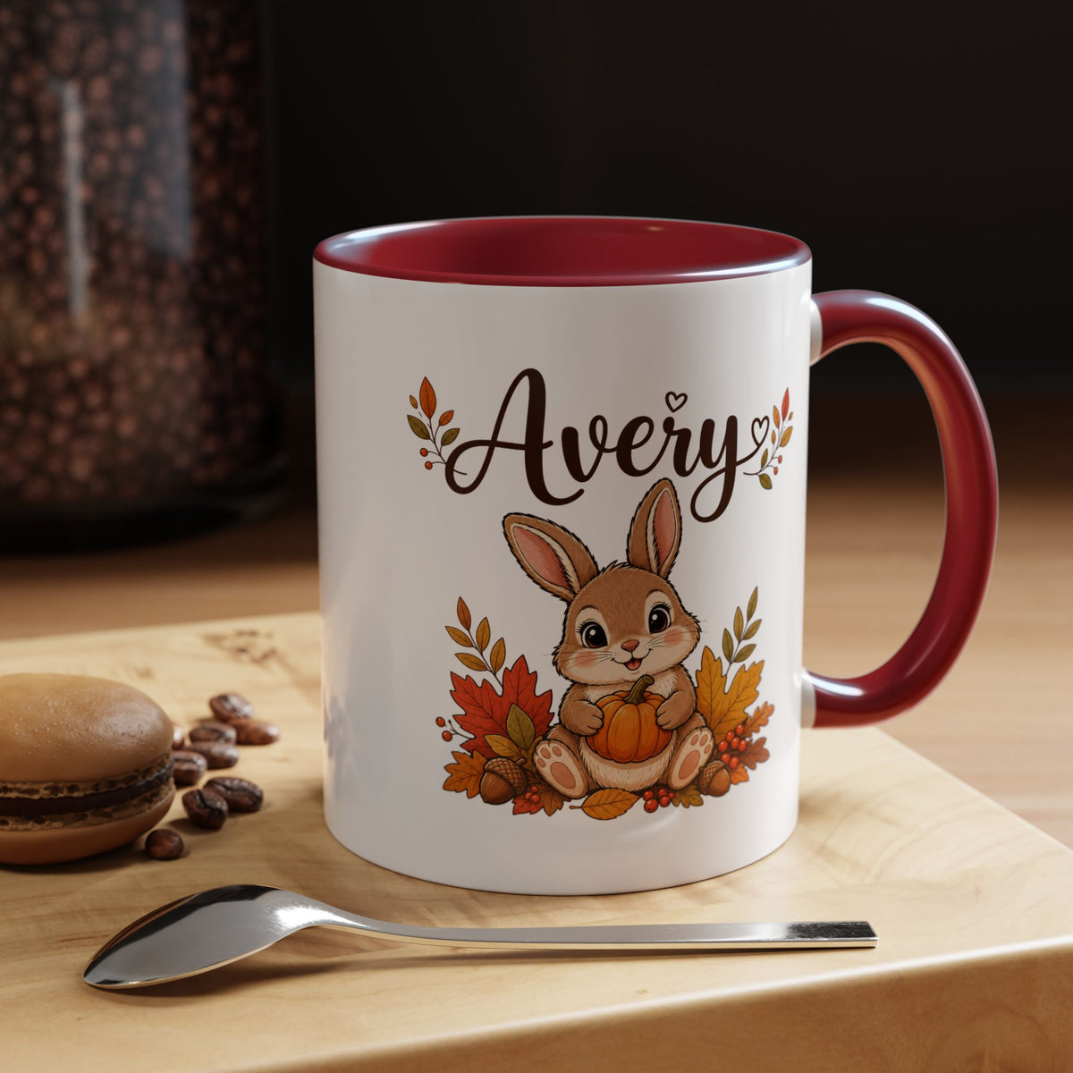 Personalized Bunny Mug with Name, Autumn Rabbit Coffee Cup, Cute Fall Woodland Gift for Daughter, Easter Basket or Birthday Keepsake