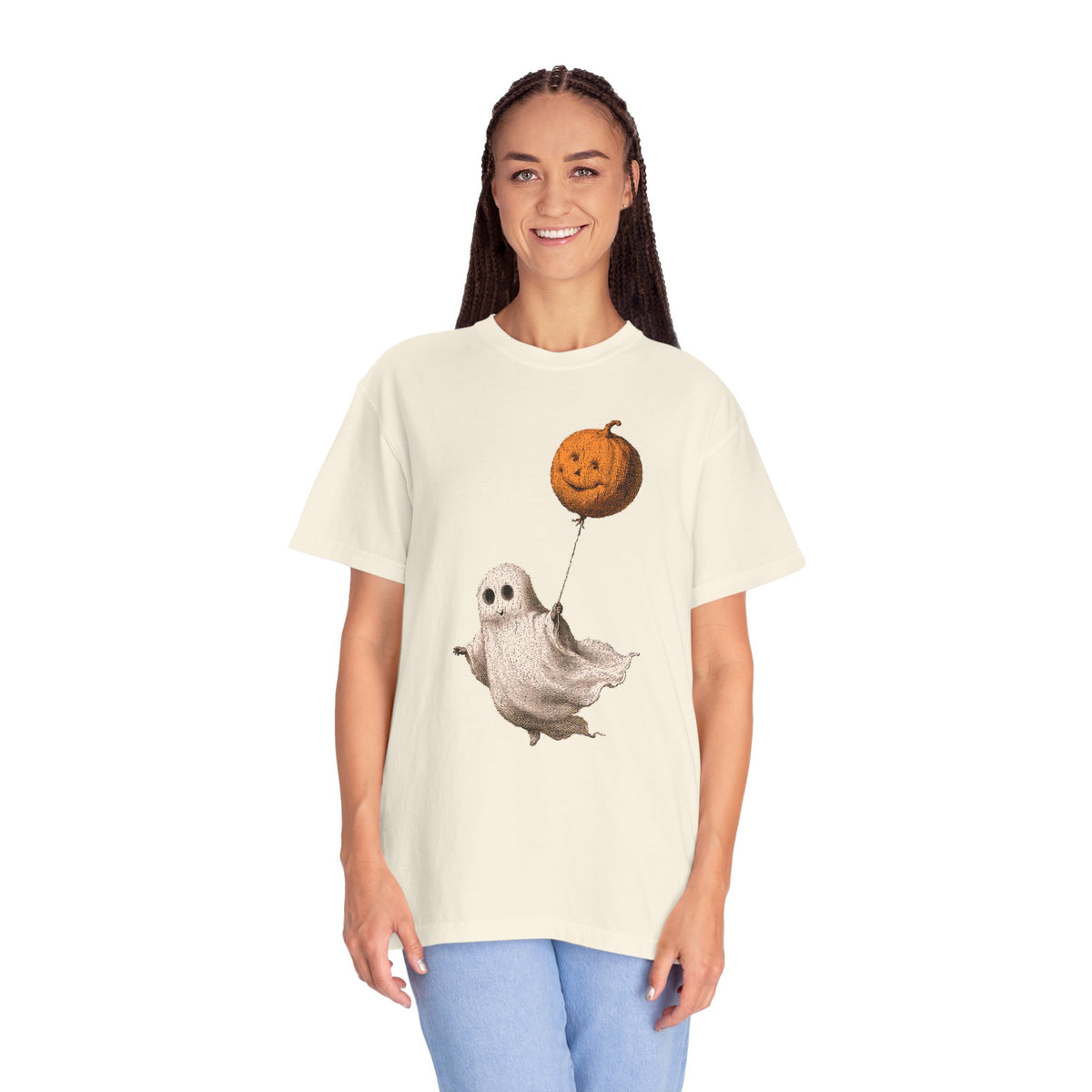 Cute Ghost Halloween Shirt, Pumpkin Balloon Graphic Tee, Vintage Spooky Season Gift for Women, Cozy October Fall Outfit for Ghost Lovers