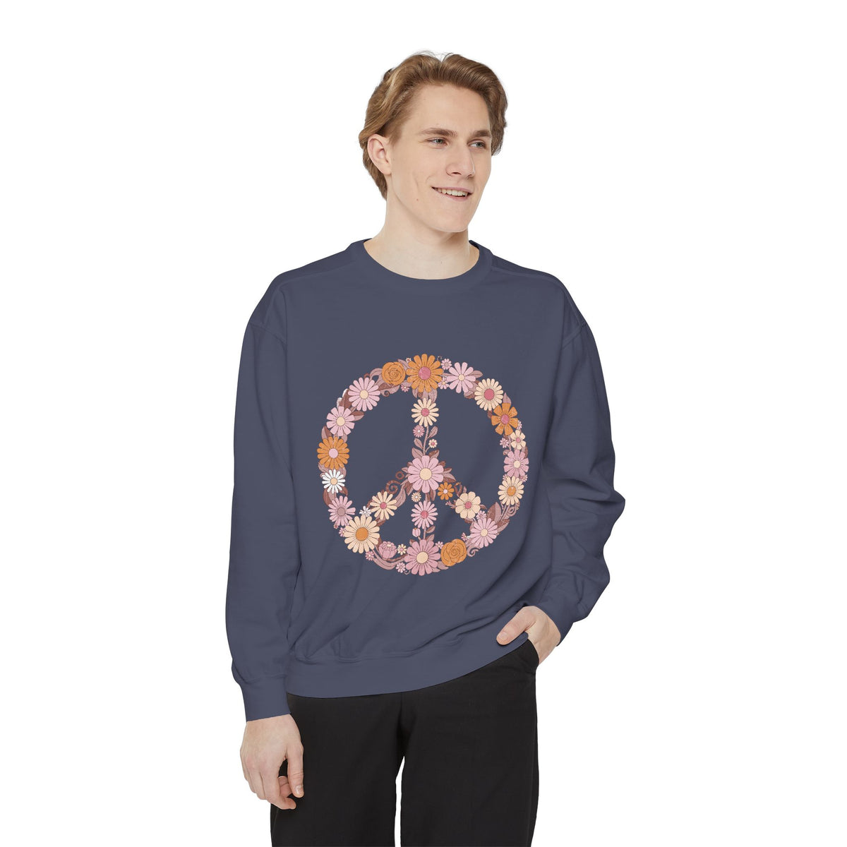 Floral Peace Sign Sweatshirt, Retro Daisy Crewneck for Women, Hippie Flower Gift, Cozy Boho Pullover for Festivals and Everyday Wear