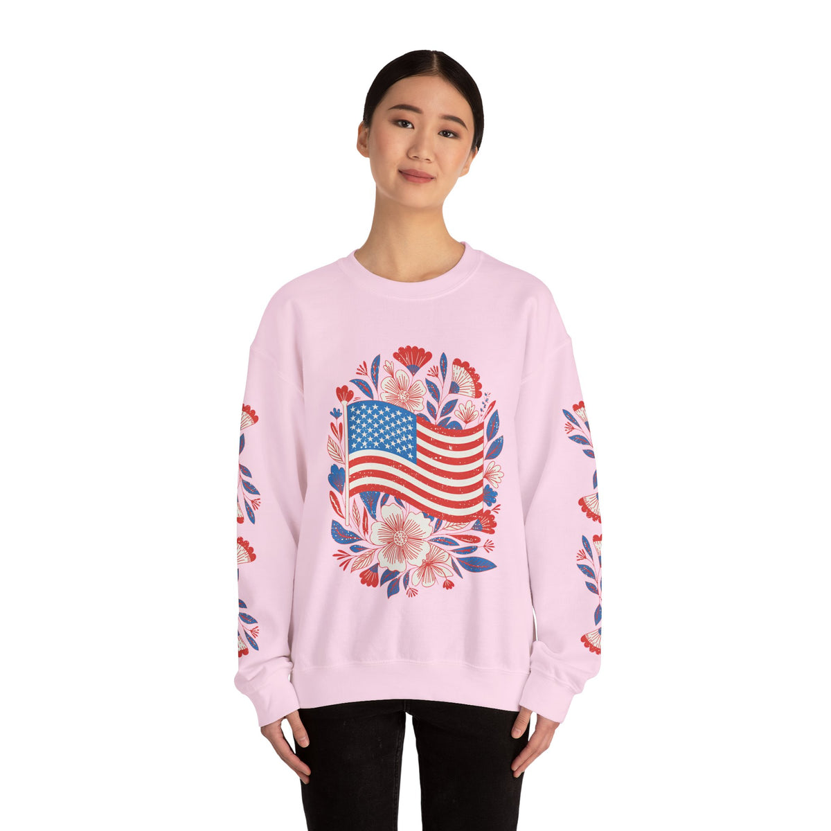 Floral American Flag Sweatshirt, Patriotic USA Pullover, Red White Blue Flower Top, Fourth of July Outfit, Americana Gift for Women