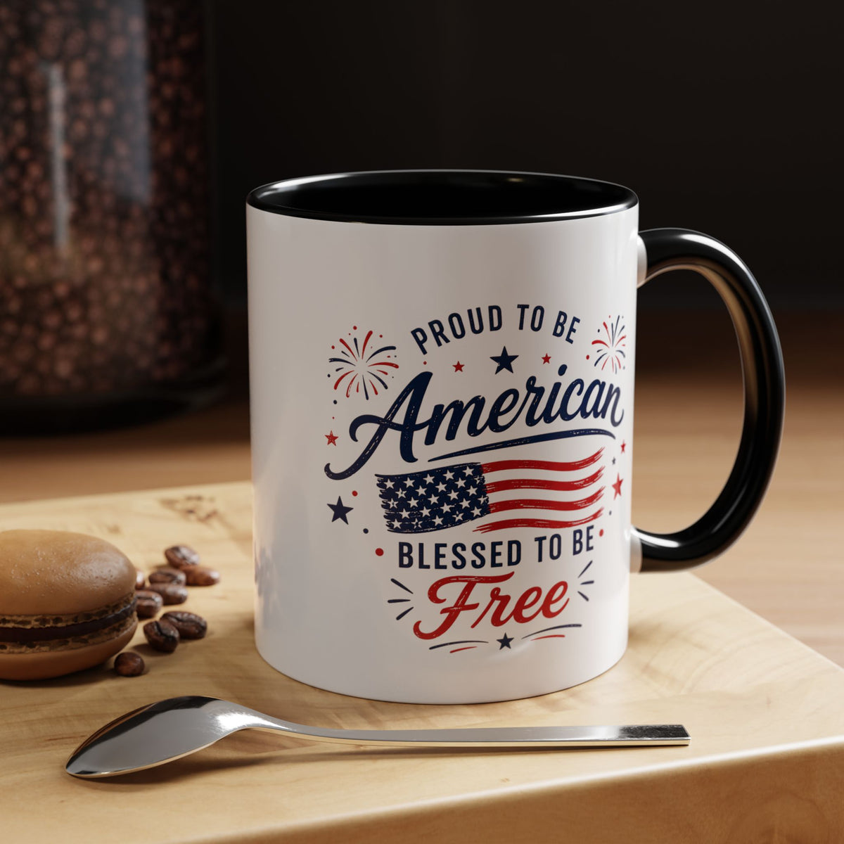 Proud to Be American Coffee Mug with US Flag, Patriotic 4th of July Gift for Veterans, Blessed to Be Free Red White and Blue Tea Cup