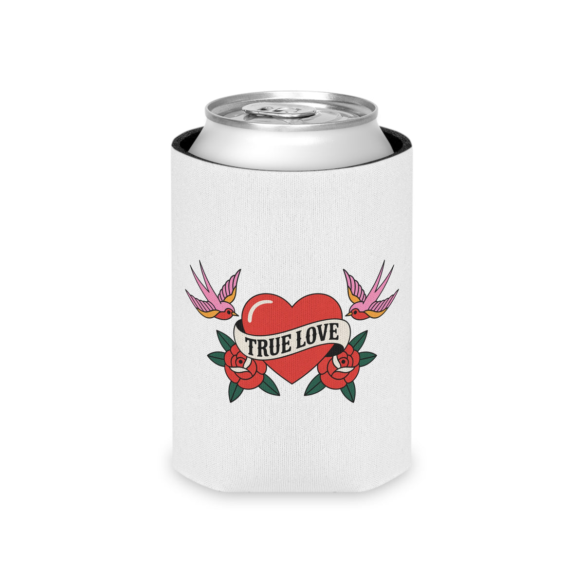 True Love Can Cooler, Vintage Heart and Roses Drink Sleeve, Romantic Valentine's Day Gift, Retro Tattoo Style Gift for Couples