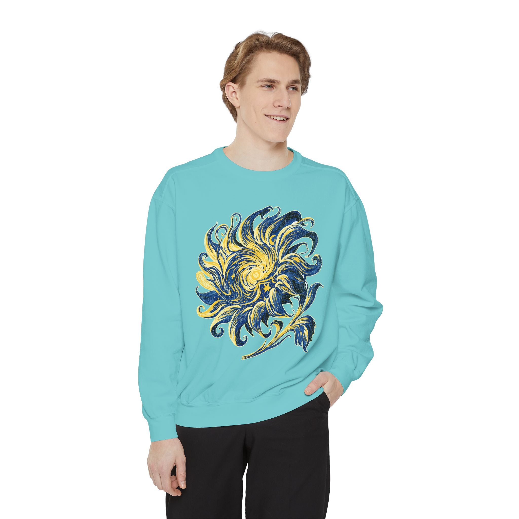 Celestial Sun Graphic Sweatshirt, Blue and Gold Cosmic Pullover, Mystical Night Sky Top, Astrology Gift for Stargazers and Dreamers