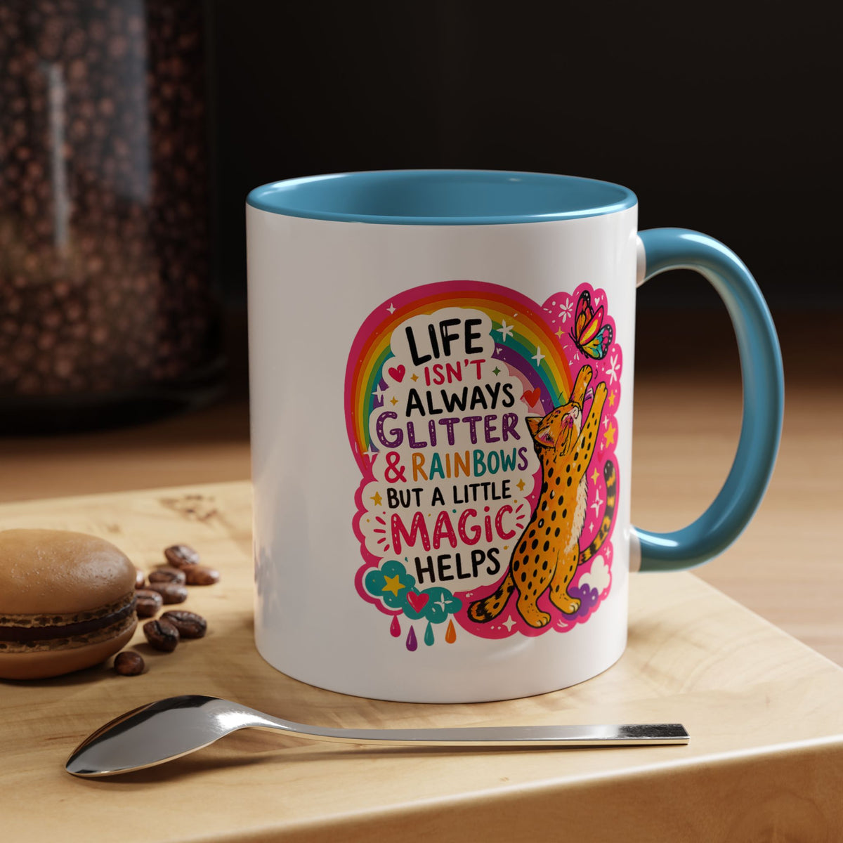 Inspirational Cat Lover Mug, Life Isn't Always Glitter and Rainbows But A Little Magic Helps Coffee Mug, Cute Rainbow Cat Gift