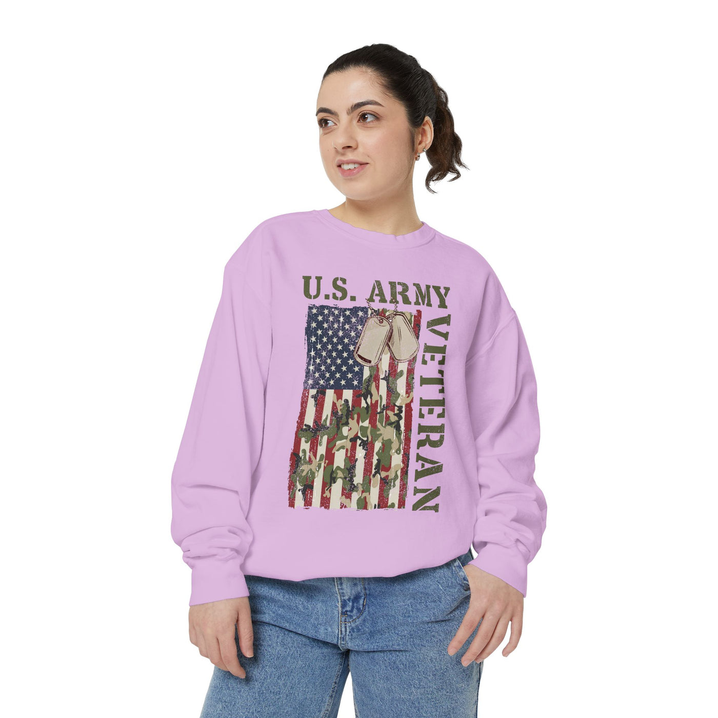 US Army Veteran Sweatshirt, American Flag Camo Crewneck, Military Dog Tag Pullover, Patriotic Soldier Gift, Retirement or Veterans Day Top