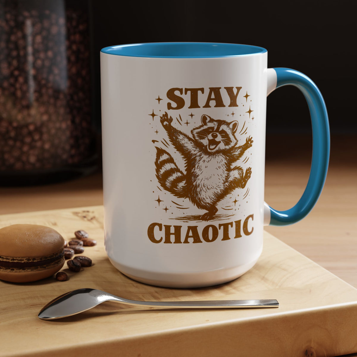 Stay Chaotic Raccoon Coffee Mug, Funny Trash Panda Gift for Friends, Sarcastic Animal Meme Ceramic Tea Cup with Pink Handle