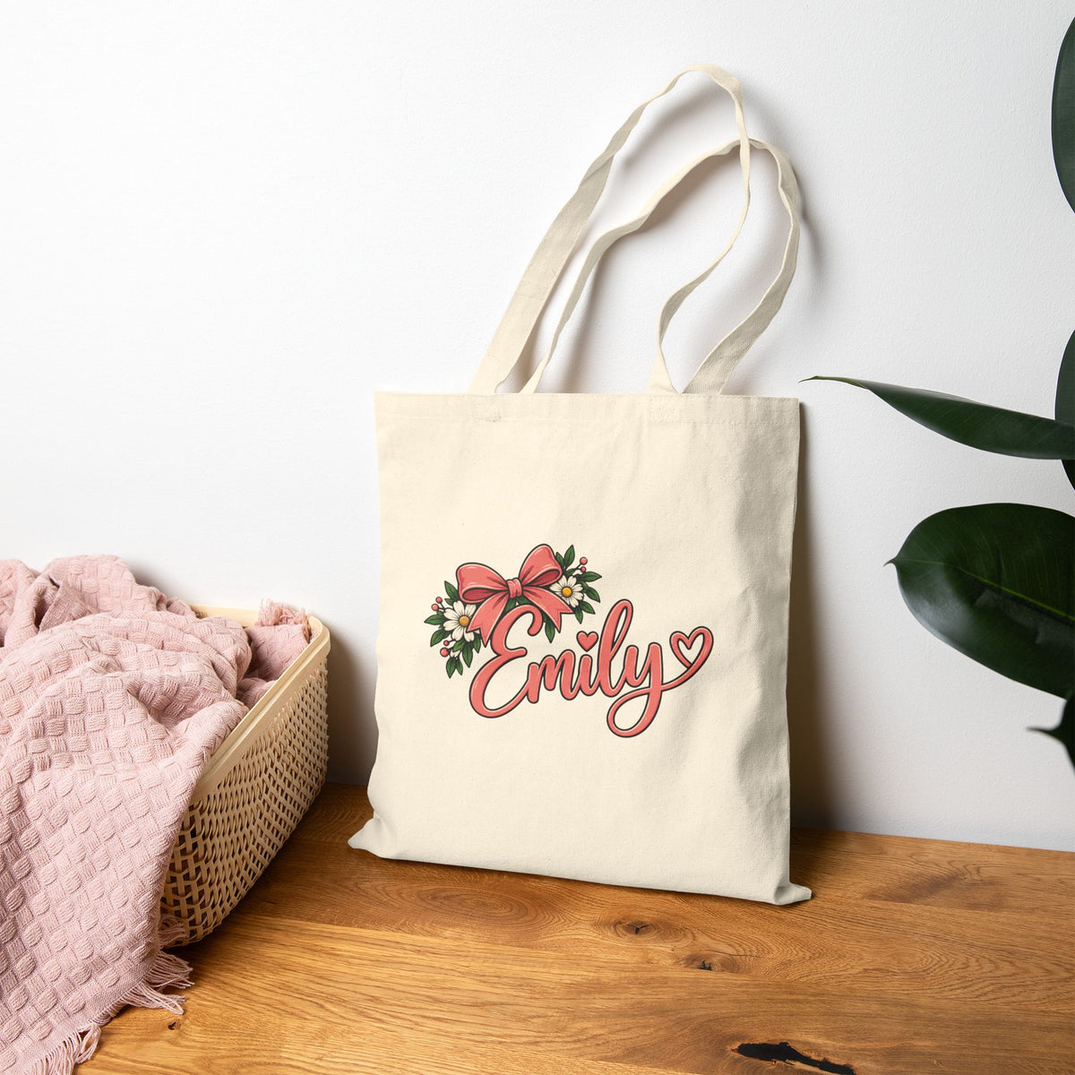 Personalized Name Tote Bag, Natural Cotton Canvas 15x16, Pink Bow Floral Script, Custom Daisy Heart Shopper