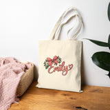Personalized Name Tote Bag, Natural Cotton Canvas 15x16, Pink Bow Floral Script, Custom Daisy Heart Shopper