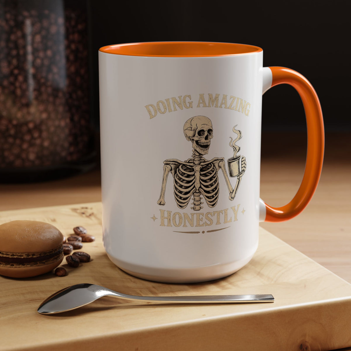 Doing Amazing Honestly Skeleton Coffee Mug, Funny Burnout Gift for Coworker, Sarcastic Office Coffee Cup, Tired but Thriving Mug