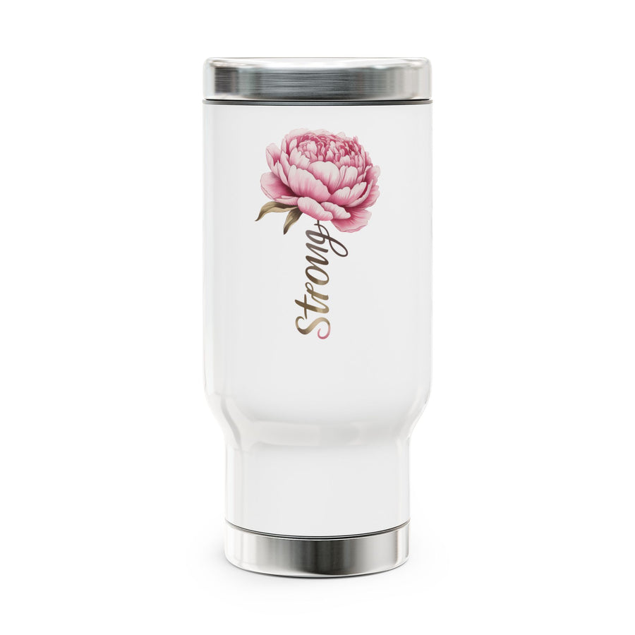 White stainless steel travel mug printed with a pink peony flower and the word 'Strong' in cursive script.