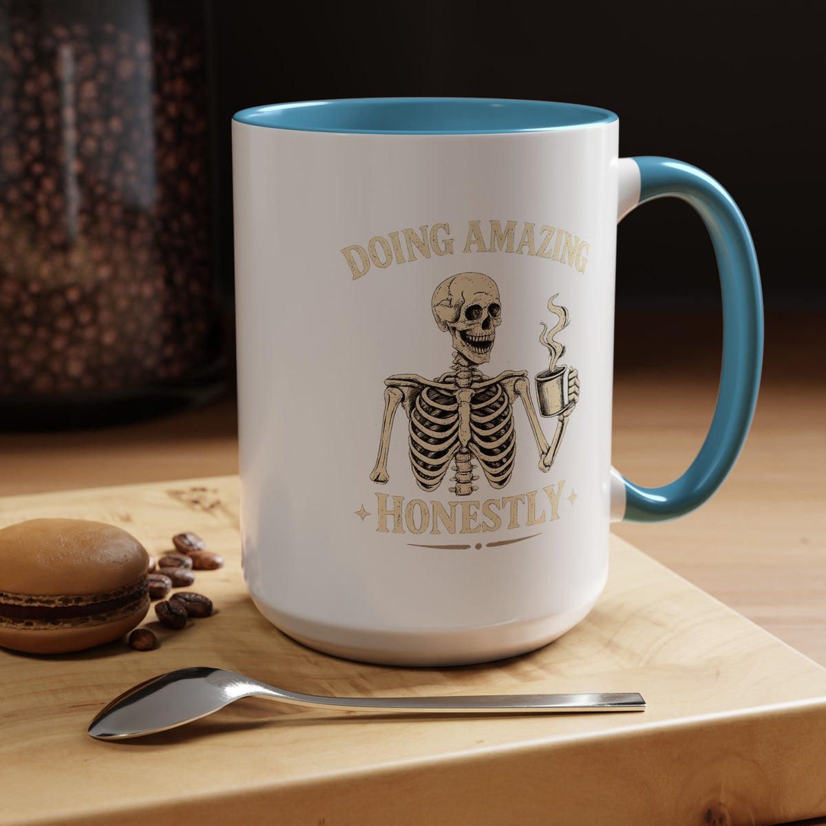 Doing Amazing Honestly Skeleton Coffee Mug, Funny Burnout Gift for Coworker, Sarcastic Office Coffee Cup, Tired but Thriving Mug