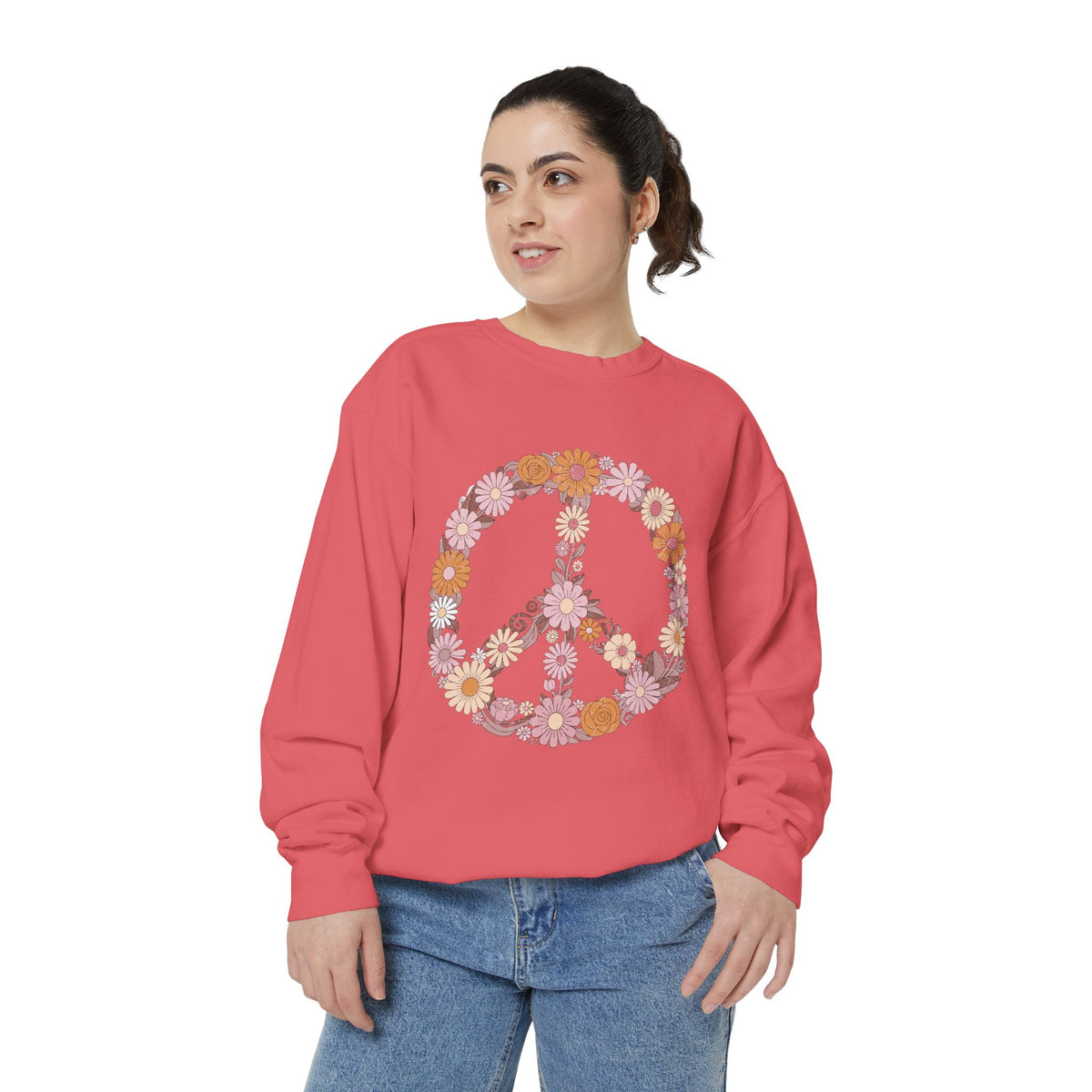 Floral Peace Sign Sweatshirt, Retro Daisy Crewneck for Women, Hippie Flower Gift, Cozy Boho Pullover for Festivals and Everyday Wear