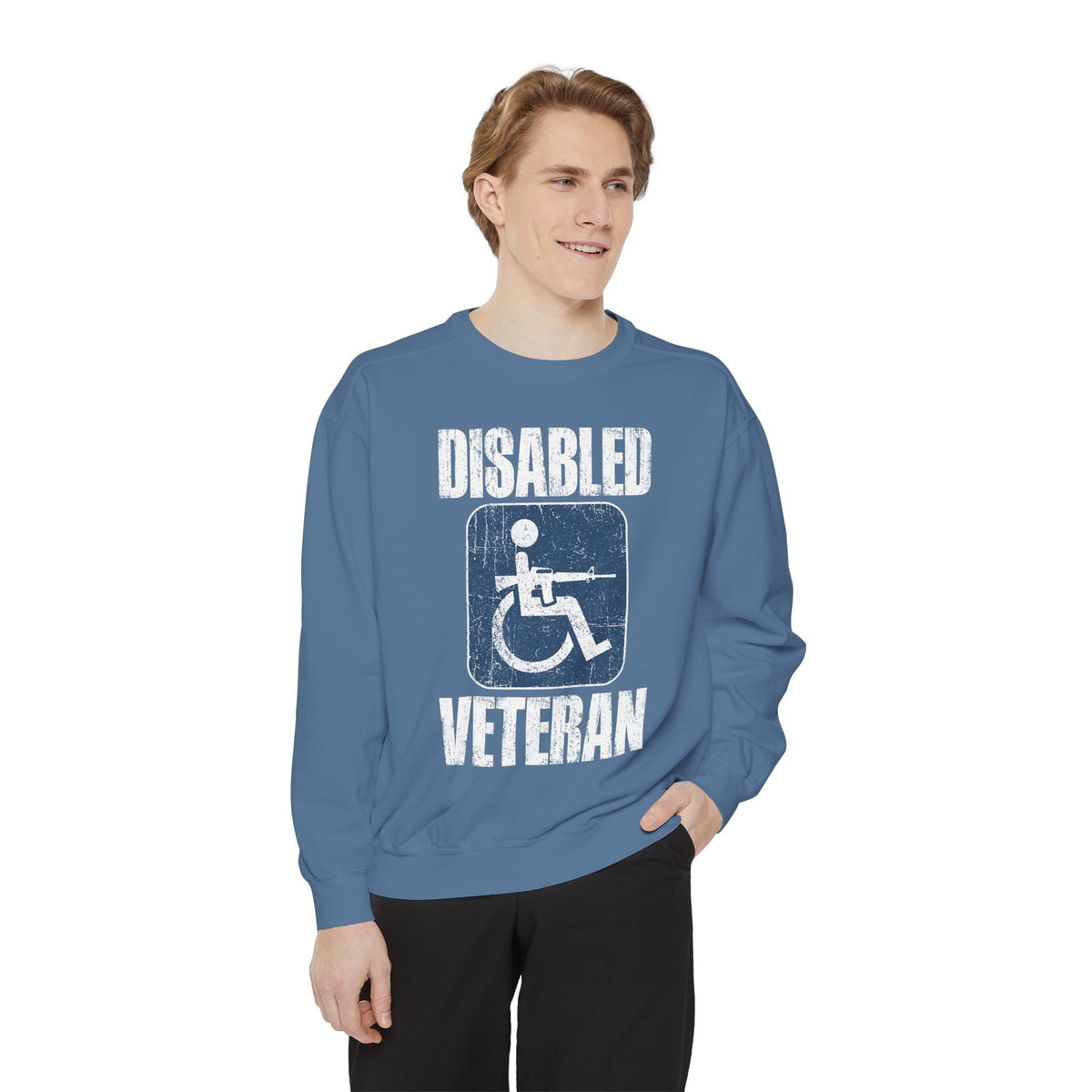 Disabled Veteran Sweatshirt, Distressed Wheelchair and Rifle Graphic, Military Service Pride, Veterans Day Gift and Everyday Casual Wear