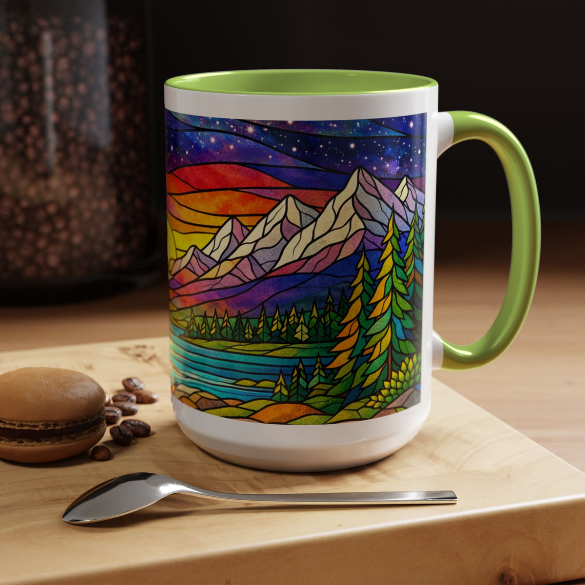 Colorful Sunset Landscape Mug, Stained Glass Nature Coffee Mug, Mountain Lake Art Mug, Outdoor Lover Gift, Scenic Ceramic Cup