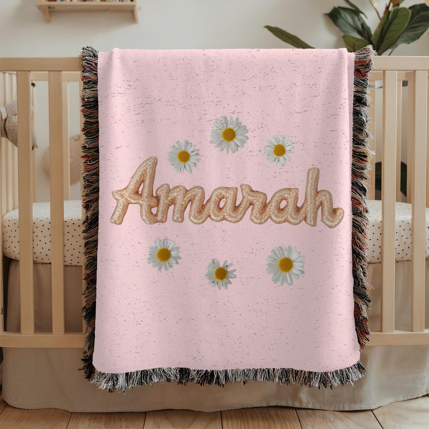 Personalized Name Woven Blanket Daisy Floral Blanket Custom Baby Blanket Nursery Decor Baby Shower Gift