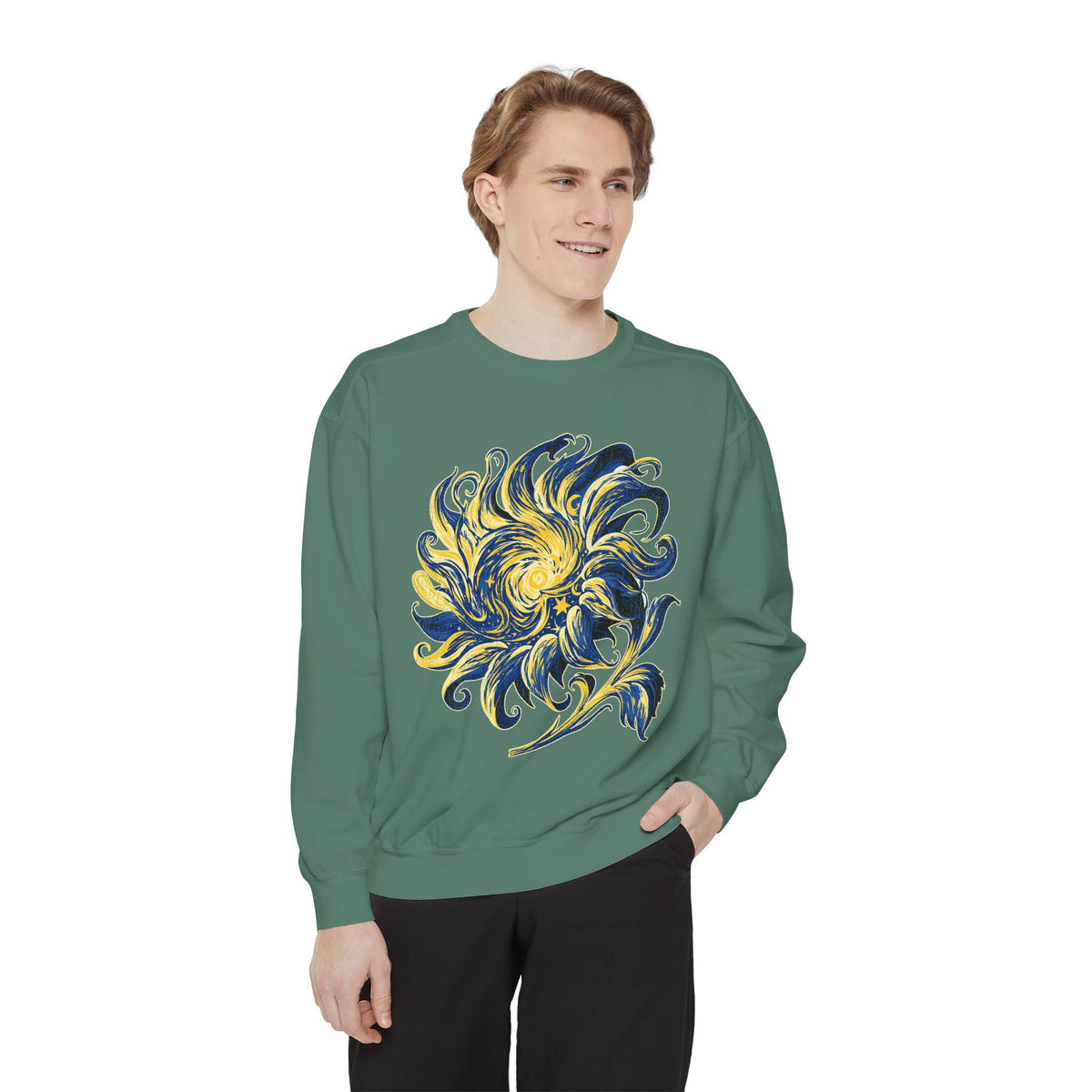 Celestial Sun Graphic Sweatshirt, Blue and Gold Cosmic Pullover, Mystical Night Sky Top, Astrology Gift for Stargazers and Dreamers