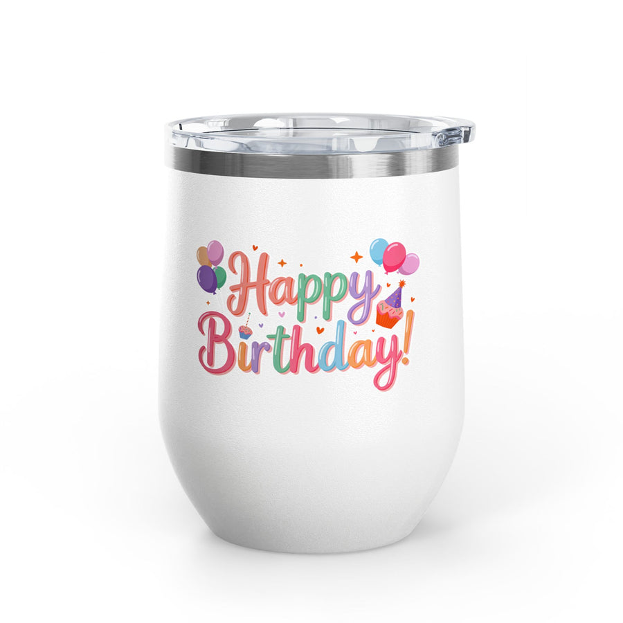 A white stainless steel stemless wine tumbler with a clear push-on lid, printed with "Happy Birthday!" in rainbow pastel lettering with bunches of balloons, a cupcake and small hearts.