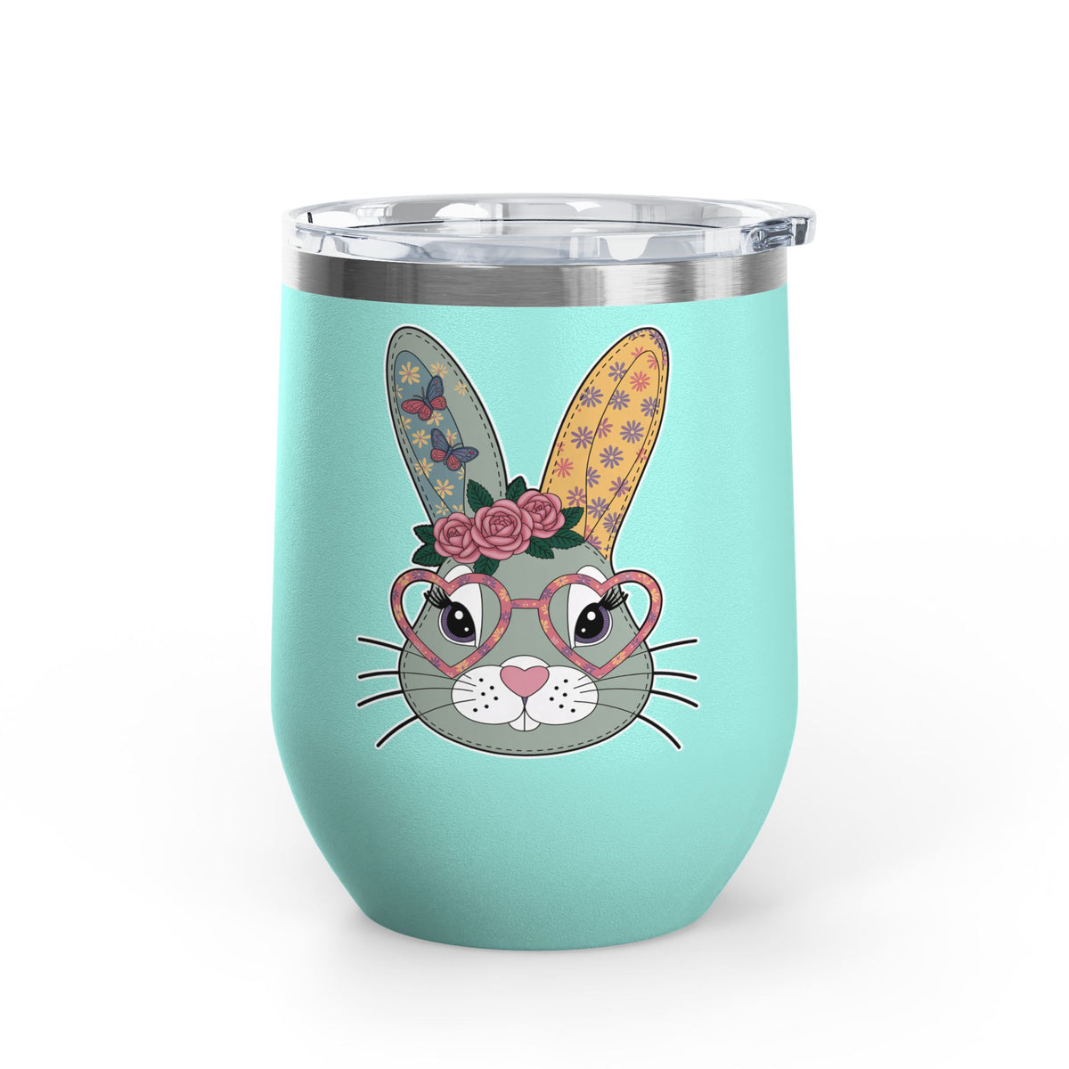 Floral Bunny Wine Tumbler, Cute Rabbit with Heart Glasses, Easter Gift for Her, Whimsical Spring Drinkware, Bunny Lover Gift