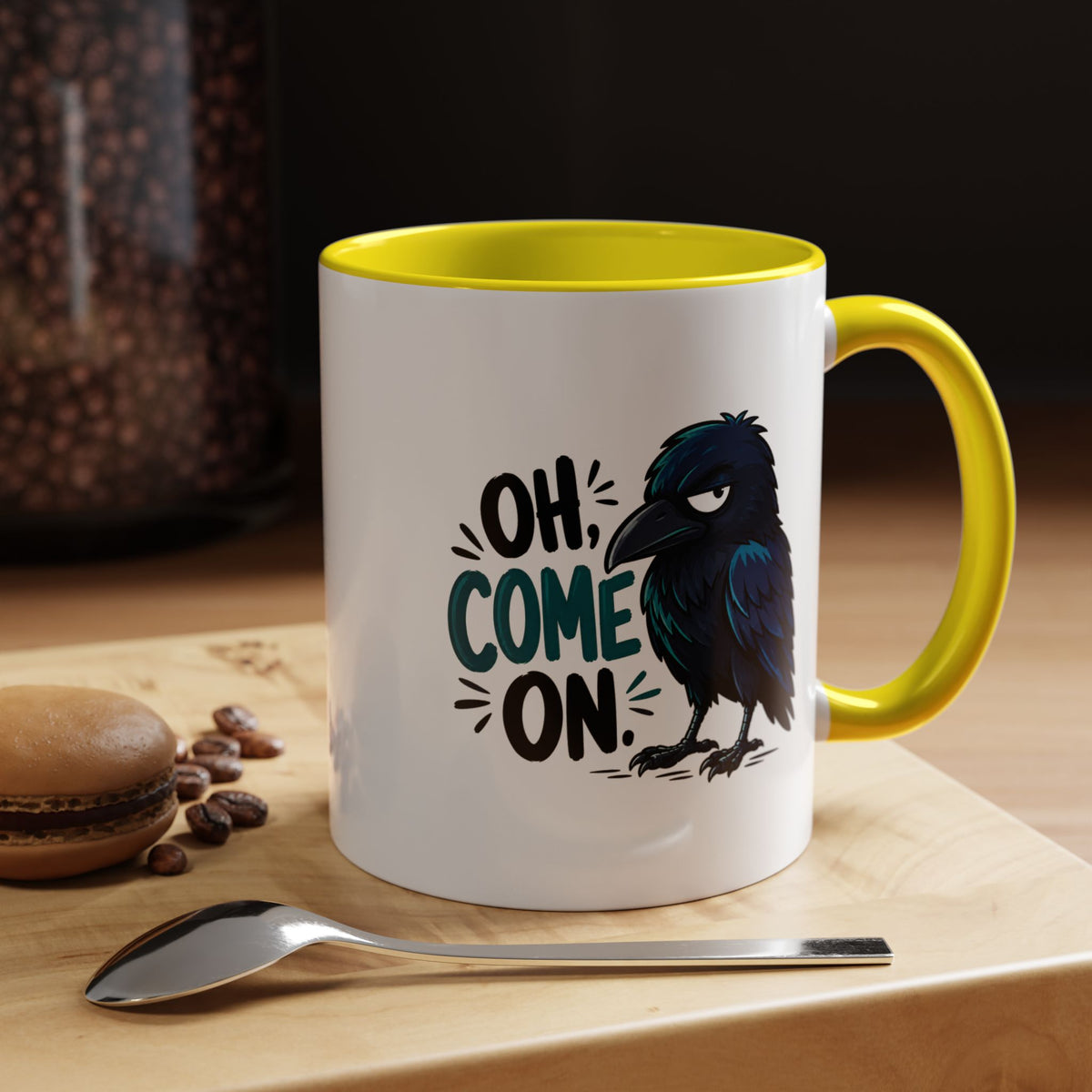 Sarcastic Raven Coffee Mug, Oh Come On Crow Black Accent Cup, Funny Bird Lover Gift, Dark Gothic Office Desk and Halloween Drinkware