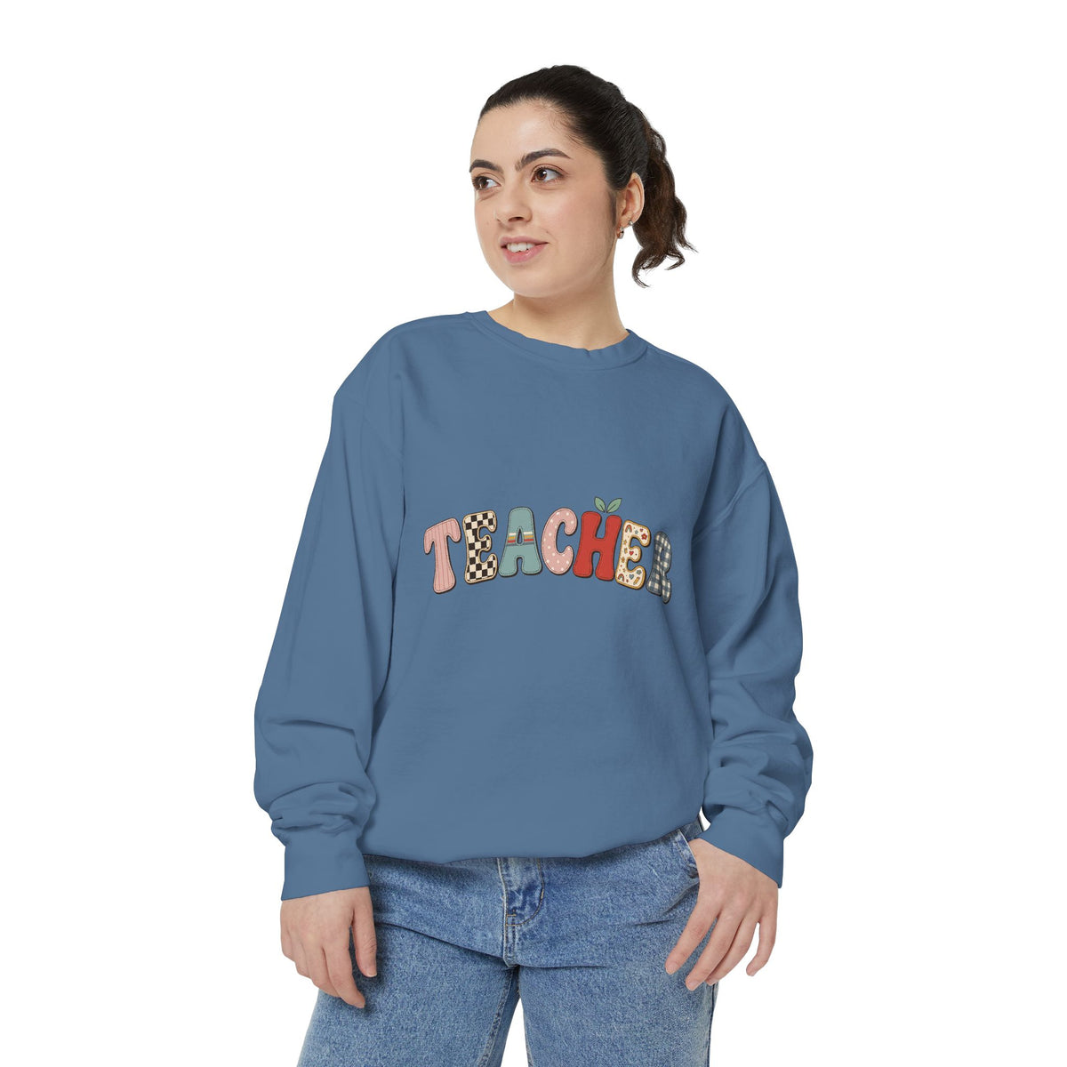 Teacher Sweatshirt, Patchwork Letter Crewneck, Cute Educator Appreciation Gift, Back to School Outfit, Retro Classroom Shirt for Staff