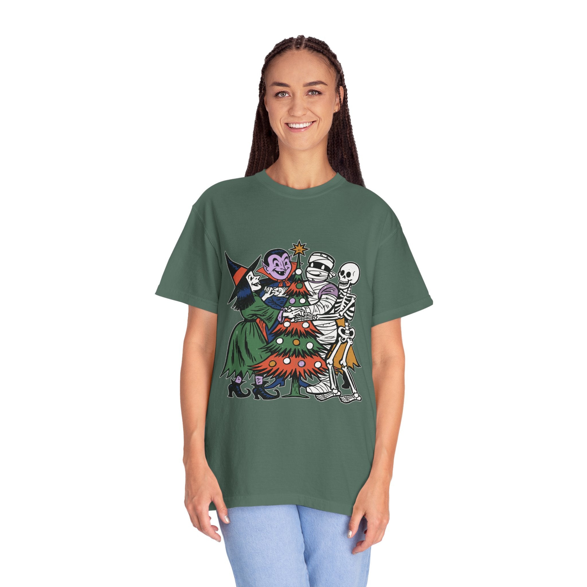 Spooky Christmas Shirt, Halloween Holiday Mashup T-Shirt, Witch Vampire Mummy and Skeleton Tree Tee, Gothic Christmas Gift for Horror Fan