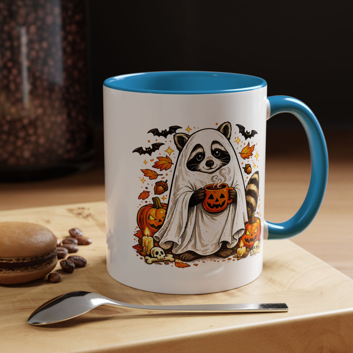 Cute Raccoon Halloween Mug, Ghost Costume Coffee Cup, Spooky Pumpkin Gift for Animal Lover, Fall Birthday or October Office Desk Decor