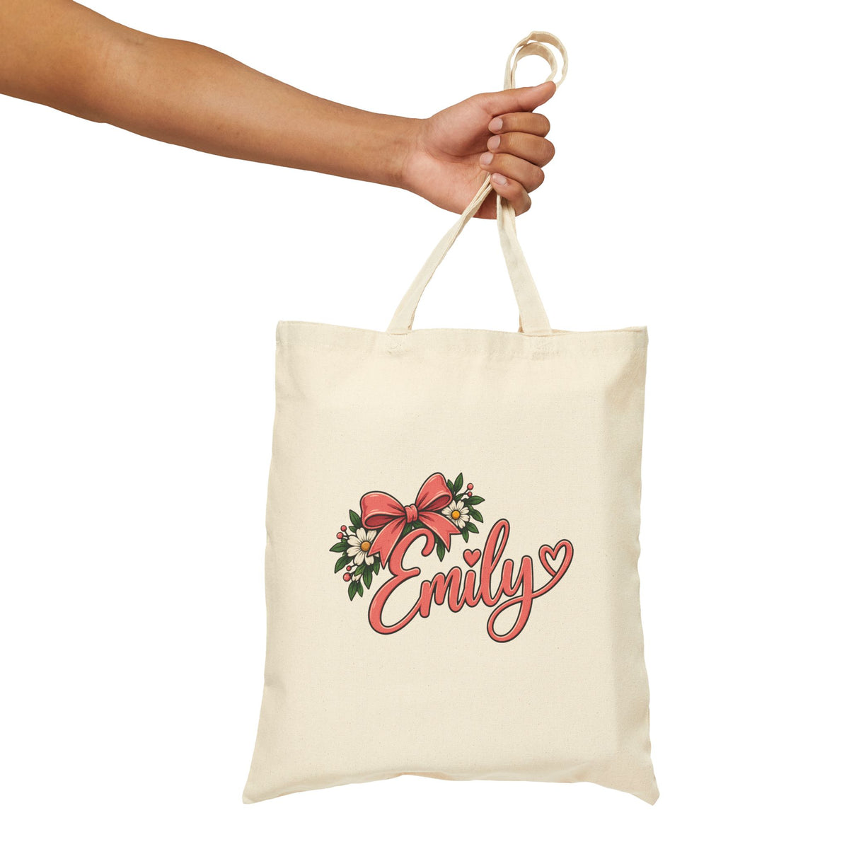 Personalized Name Tote Bag, Natural Cotton Canvas 15x16, Pink Bow Floral Script, Custom Daisy Heart Shopper