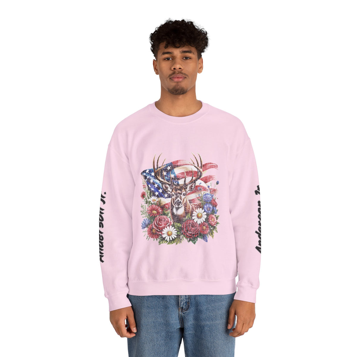 Personalized Hunting Family Sweatshirt, Custom Deer Patriotic Pullover, American Flag Floral Crewneck, Family Gift, Outdoorsman Shirt