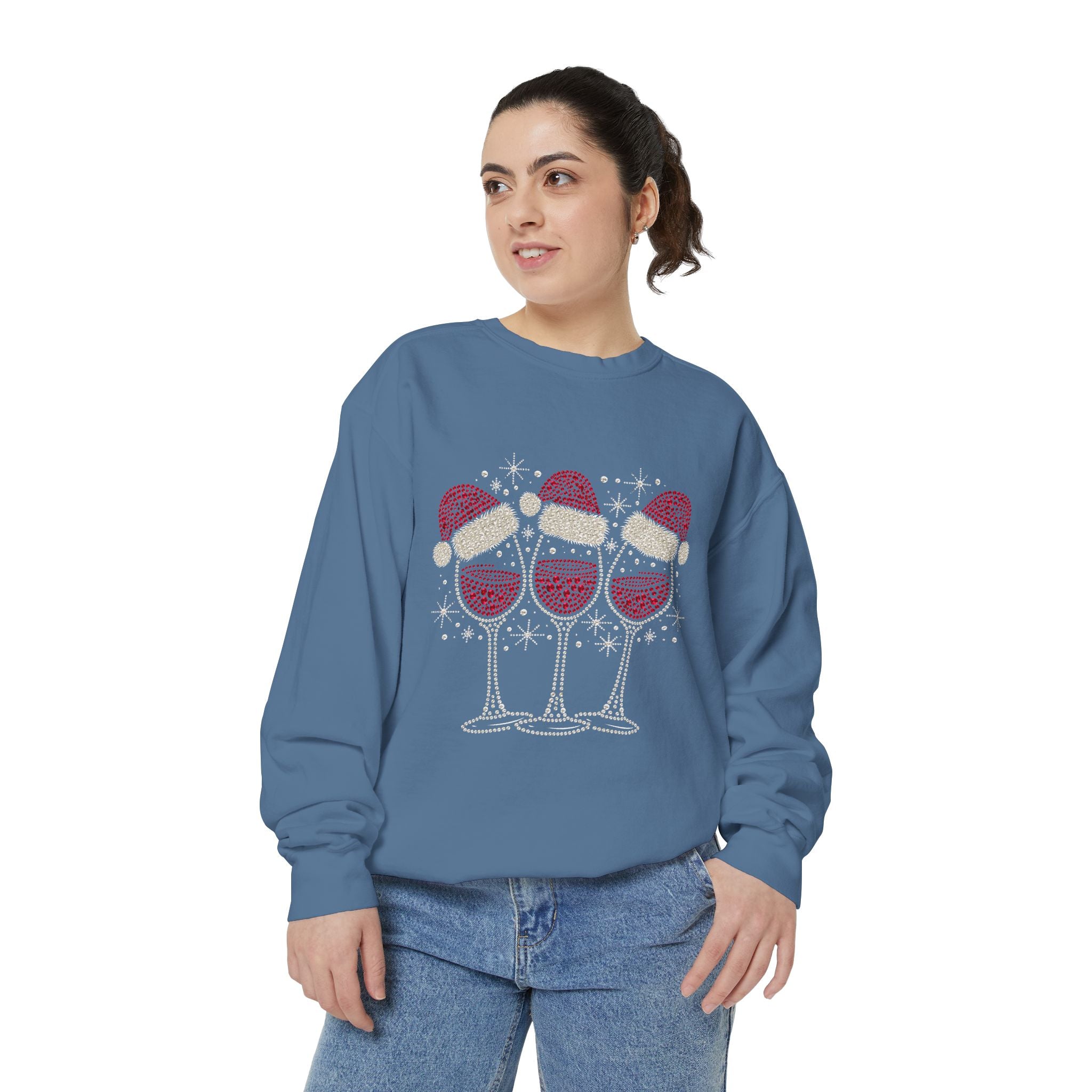 Christmas Wine Glass Sweatshirt, Rhinestone Style Santa Hat Crewneck, Sparkly Holiday Party Pullover, Wine Lover Gift for Girls Night