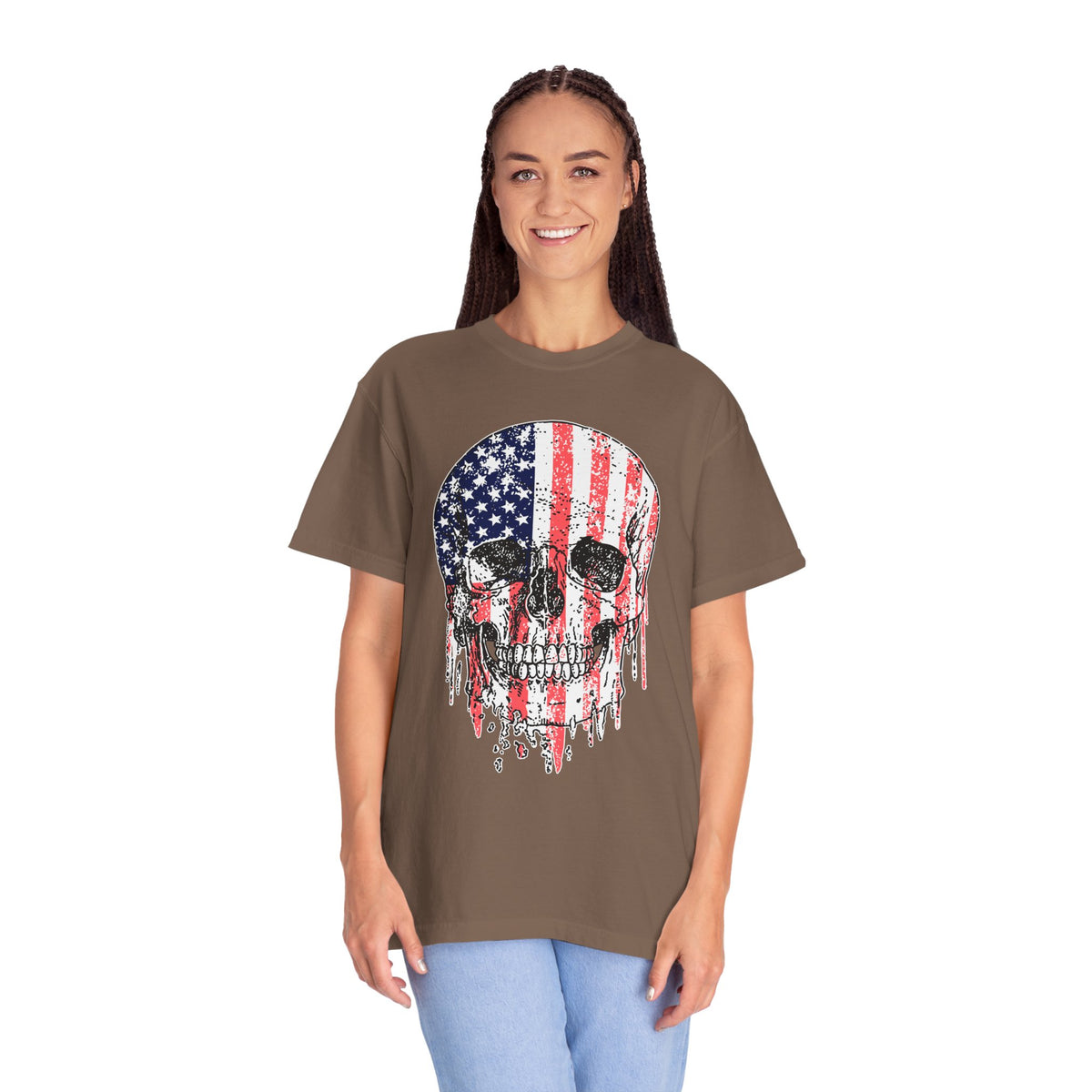 American Flag Skull Shirt, Distressed Patriotic Graphic for Biker Outfits, Fourth of July Style, Birthday Gift for Skull Art Lovers