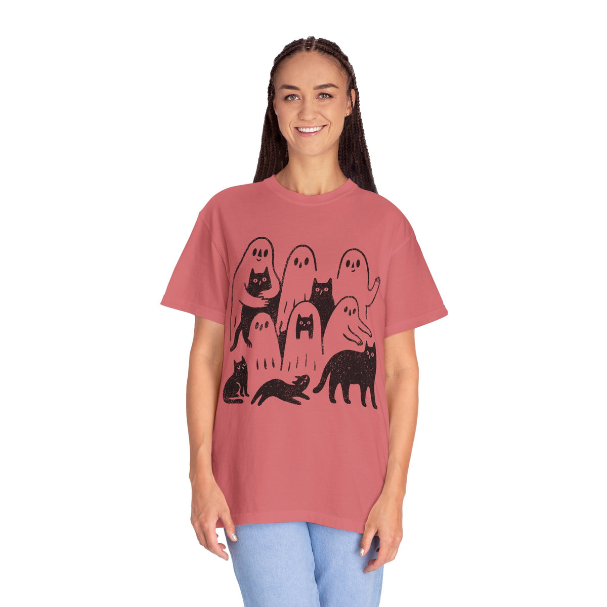 Ghost Cat Halloween Shirt, Cute Spooky Cats and Ghosts Graphic Tee, Cozy Pet Lover Gift, Minimal Black and White Fall Outfit for Women