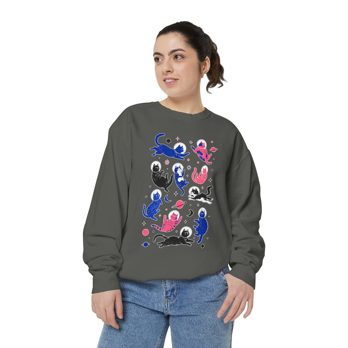 Space Cat Comfort Colors Sweatshirt, Astronaut Cat Graphic Crewneck, Galaxy Cat Lover Gift, Cute Cosmic Cat Sweatshirt