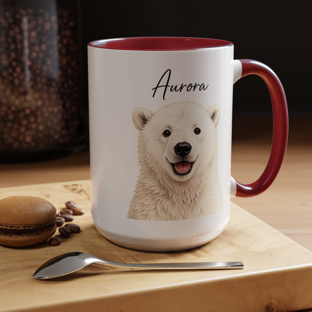 Custom Polar Bear Coffee Mug with Name, Personalized Arctic Animal Gift for Kids, Cute Winter Holiday Ceramic Tea Cup with Orange Handle