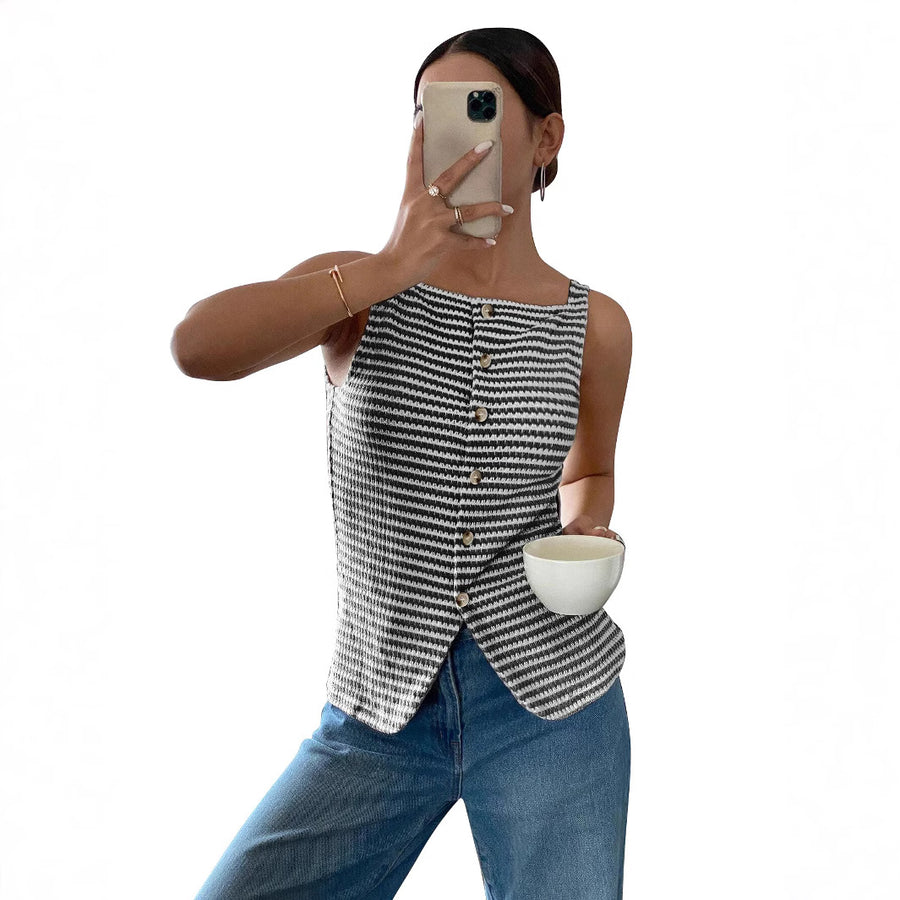 The same sleeveless striped knit vest shown in four colourways, tan, black, green and pink, each buttoned down the front and finished with a curved split hem, each photographed in a mirror at home.