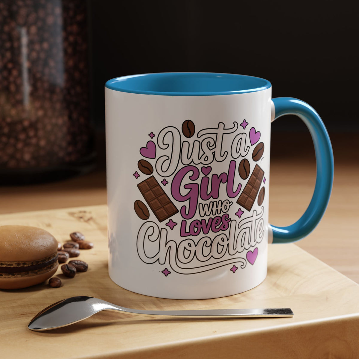 Chocolate Lover Coffee Mug, Just a Girl Who Loves Chocolate Quote, Purple Hearts and Cocoa Design, Sweet Birthday Gift for a Best Friend