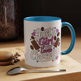 Chocolate Lover Coffee Mug, Just a Girl Who Loves Chocolate Quote, Purple Hearts and Cocoa Design, Sweet Birthday Gift for a Best Friend