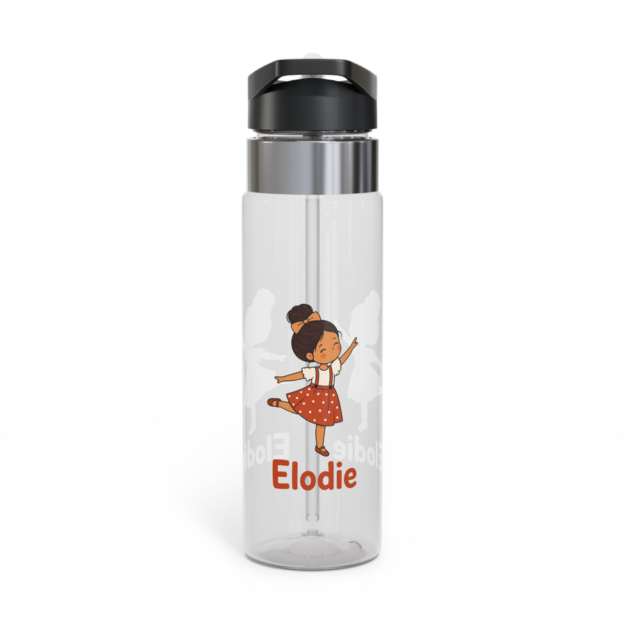 A clear water bottle with a black lid and straw, printed with an illustration of a dancing ballerina in a red polka-dot skirt and the name "Elodie" in red script.