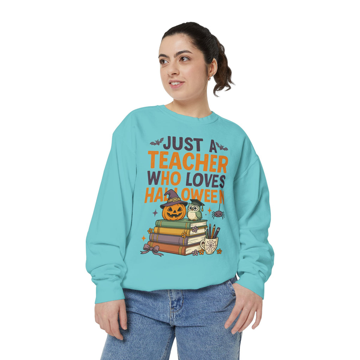 Teacher Halloween Sweatshirt, Just a Teacher Who Loves Halloween Crewneck, Spooky Classroom Shirt, Educator Gift, Cute Fall School Outfit