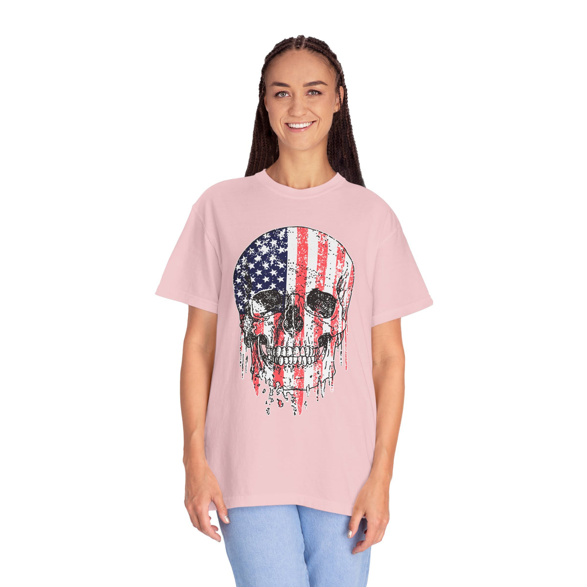 American Flag Skull Shirt, Distressed Patriotic Graphic for Biker Outfits, Fourth of July Style, Birthday Gift for Skull Art Lovers