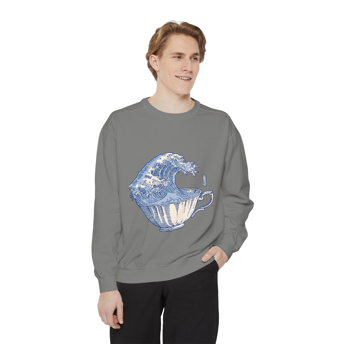 Great Wave Teacup Sweatshirt, Japanese Art Inspired Ocean Graphic, Gift for Tea Lovers and Coastal Art Fans, Casual Cafe Weekend Outfit