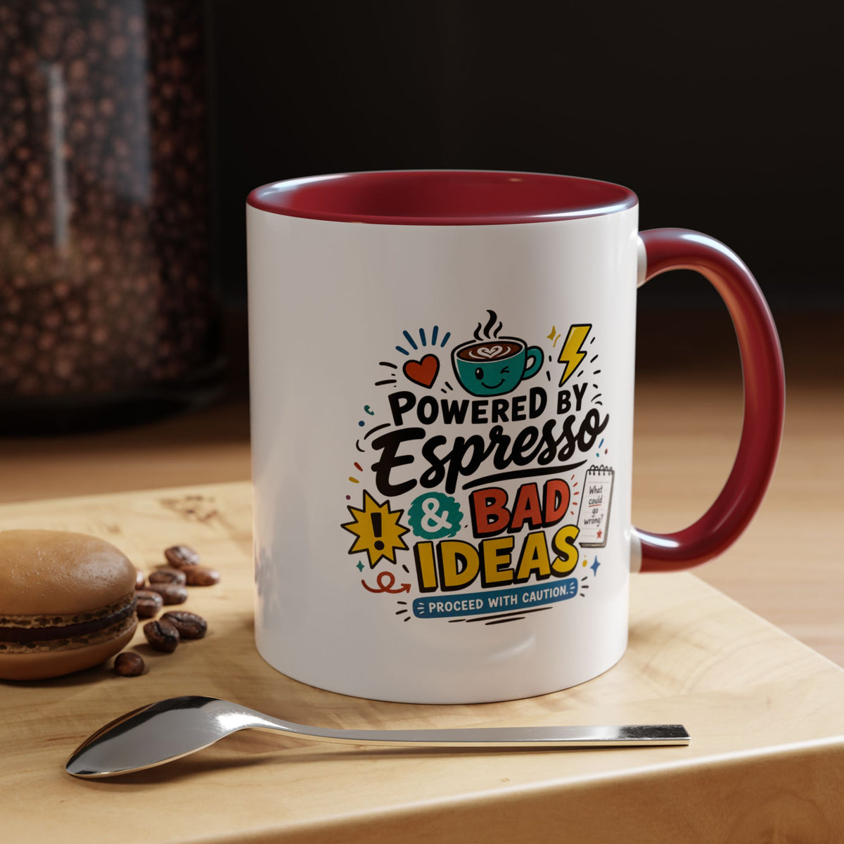 Powered by Espresso Mug, Funny Coffee Lover Cup, Bad Ideas Quote Gift for Coworker, Caffeine Addict Present, Office Humor Drinkware